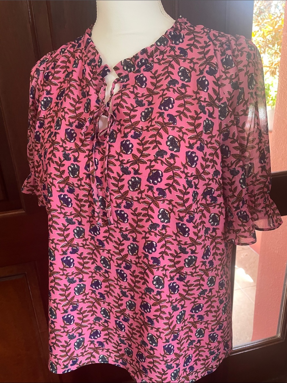 J. Crew Pink Floral Short Sleeve Button-Front Blouse